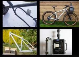 Four images, two of bikes, and two of pollution monitors