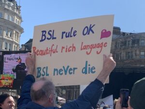 Protest sign. The sign reads 'BSL Rule OK. Beautiful Rich Language. BSL Never Die.'