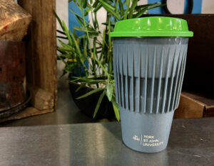 One of the reusable 'e-cups' in grey and green