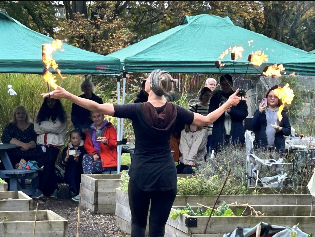 Summer BBQ event including sanctuary seekers, other members of the Haxby Road allotment, students, and staff from Refugee Action York. 