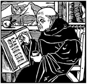 Black and white illustration of monk writing with ink 