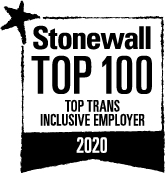 Logo with text Stonewall Top 100 Top Trans Inclusive Employer 2020