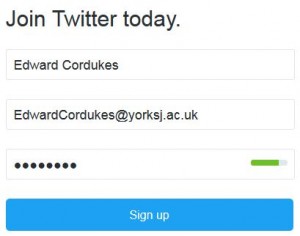 Screenshot of the 'join Twitter' page, where you fill in your name, email address and add a password.