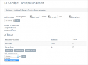 Screenshot of course participation report with 'send a message' option highlighted.