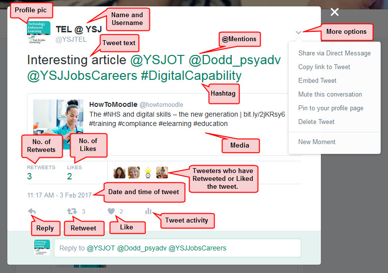 A screenshot of a tweet with labels highlighting the different elements included in it, including profile pic and username, tweet text, @mentions and links, retweets and likes, the more options button and the date and time of the tweet. The original tweet can be found at: https://twitter.com/YSJTEL/status/827475998836977664