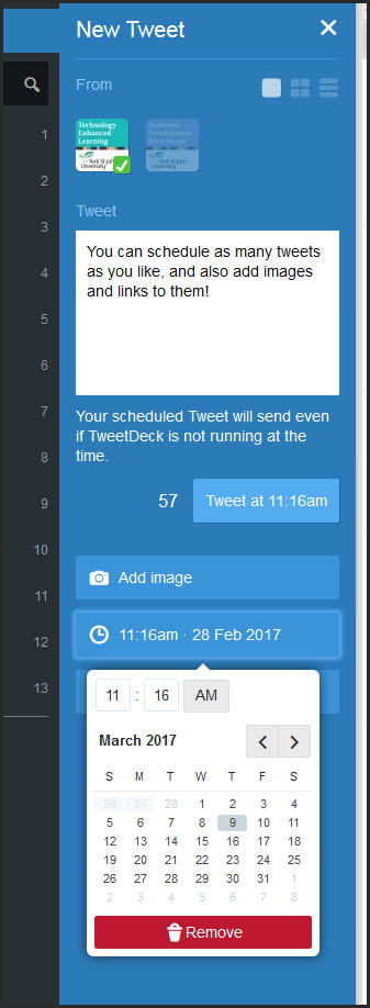 Screenshot of composing a tweet in Tweetdeck with the display showing how you can select the date and time to post your tweet in the future.