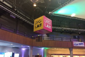 photograph of the 'Digilab' sign hanging in the main hall at Digifest