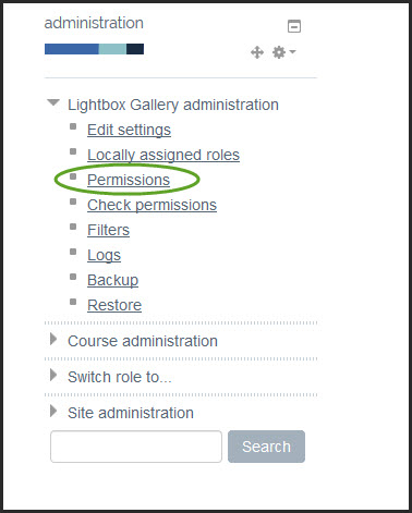 Screenshot of Lightbox administration section with Permissions link highlighted.