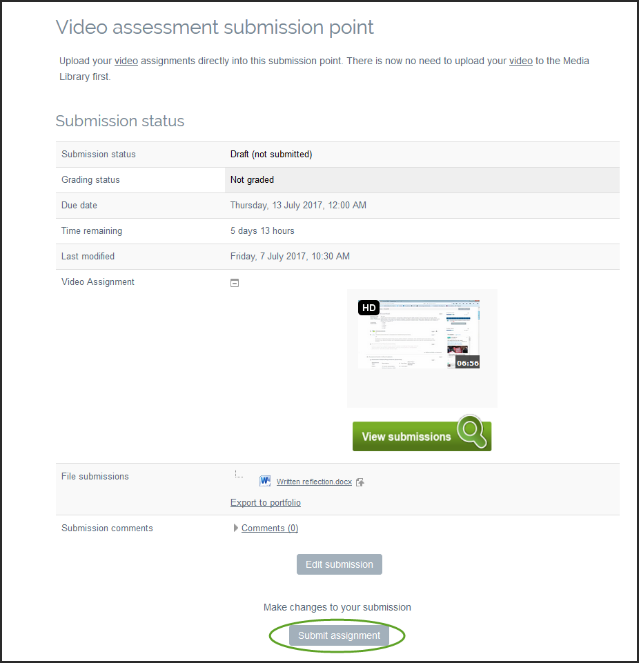 Screenshot of the student view of an assignment submission, before the assignment has been submitted for grading