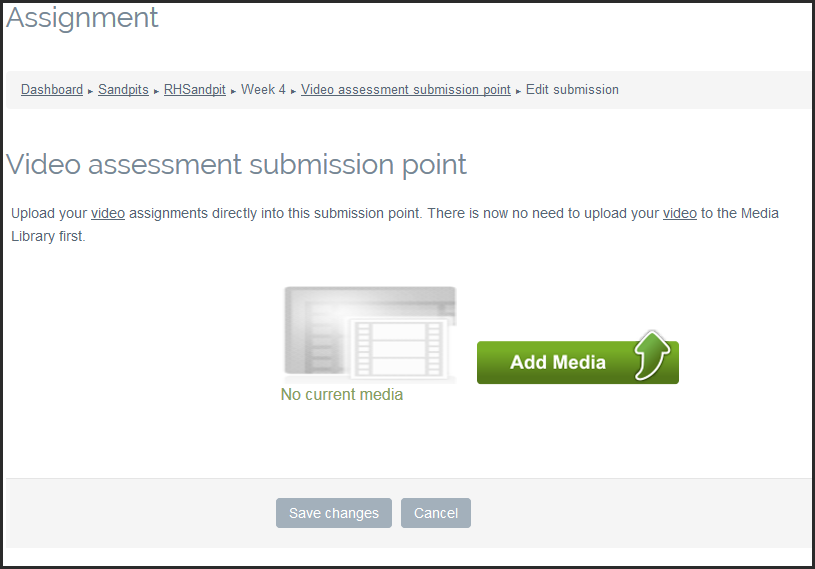 Screenshot of the student view of submitting a video assignment through the Media Library plugin in Moodle.