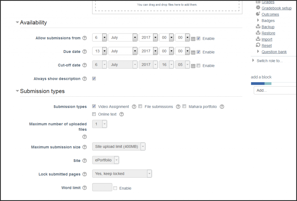 screenshot of submission types section of assignment settings