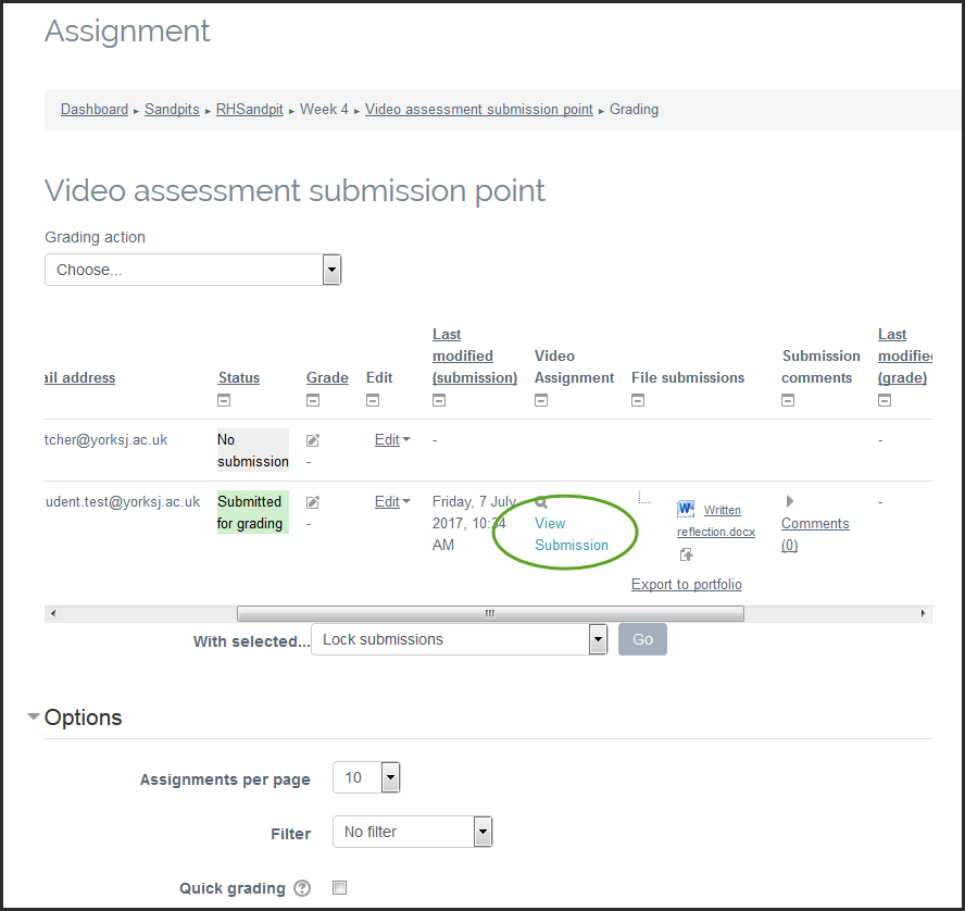 Screenshot of the tutor view of the gradebook with the 'View submission' in the Video submission column circled.