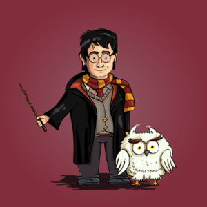 A cartoon image of the boy wizard Harry Potter and a white owl