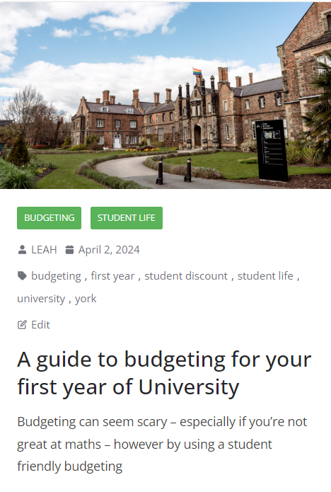 Image of a blog about budgeting at university 