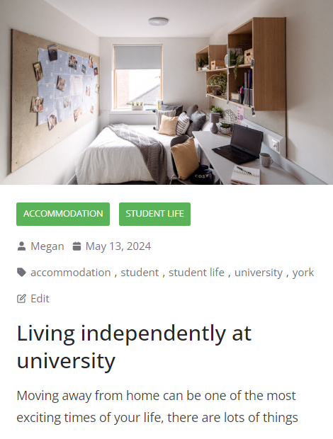 Image of a blog about independently living at university