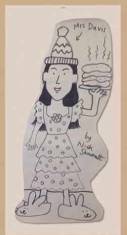 A Nick Sharratt illustration of Tanya as Mrs Davis. She is wearing a dress, hate, bunny slippers and is holding a plate of hot pancakes.
