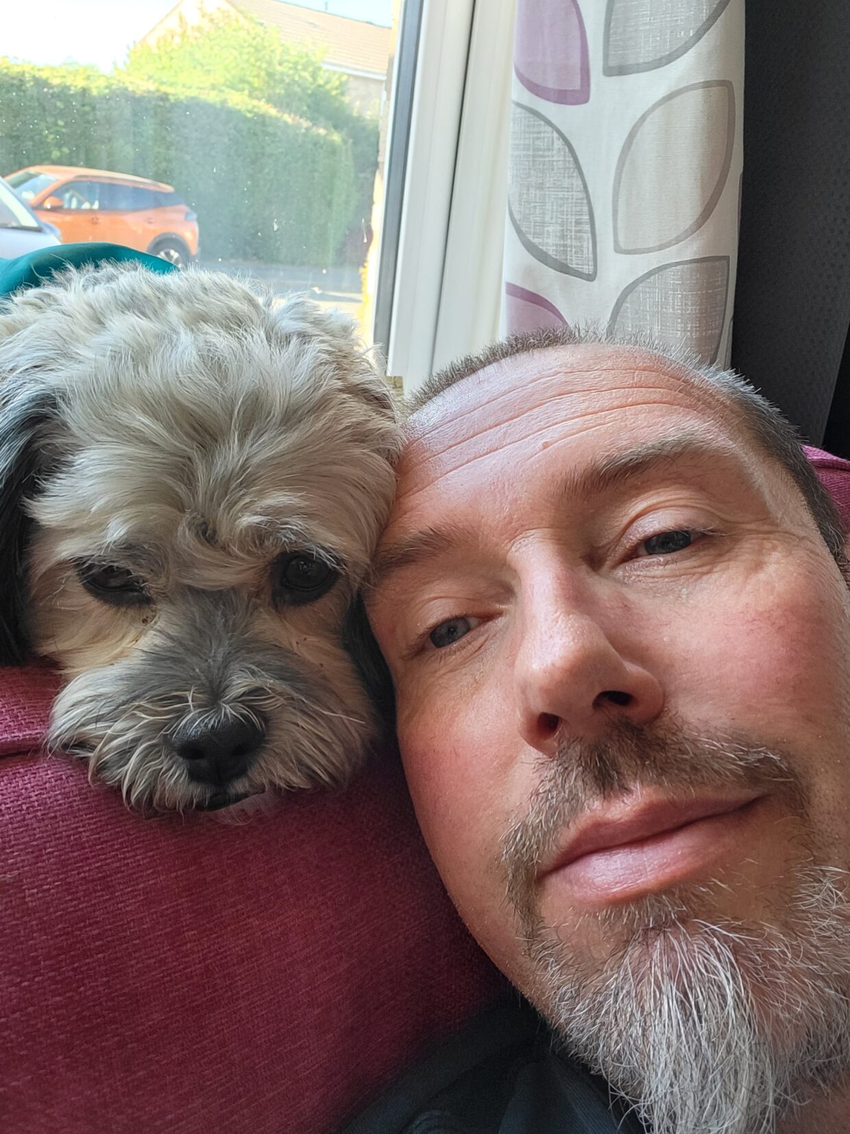 Nigel has a grey beard and mustache. Nigel is sat with a small dog resting on a sofa.