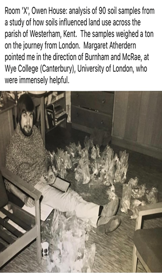 Black and white image of John sat on the floor surrounded by soil samples for geography research. 