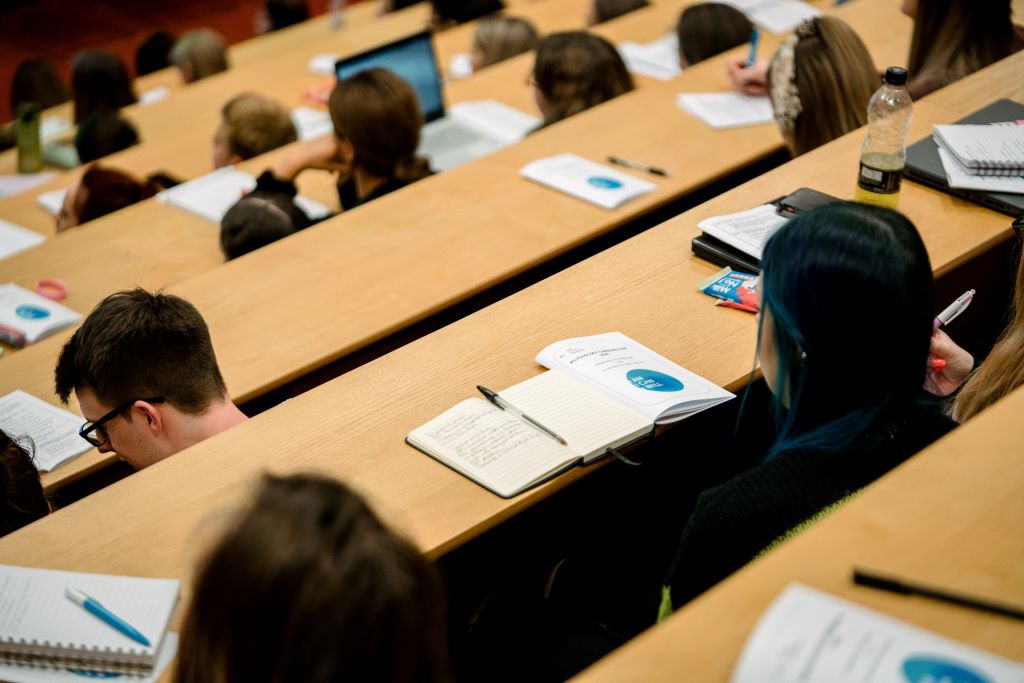 Students in a lecture theatre.