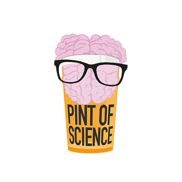An illustration of a pint of beer with a brain and pair of glasses sitting on top, emblazoned with the words 'Pint of Science'