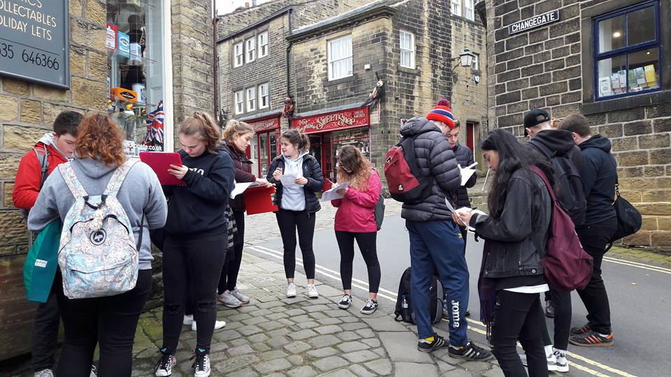 Students on a field trip in Haworth, North Yorkshire.