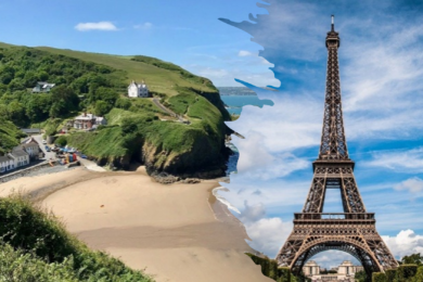 Our home town of Llangrannog, Ceredignon in Wales and the Eiffel Tower, France