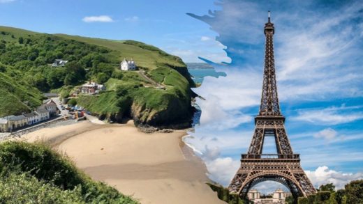 Our home town of Llangrannog, Ceredignon in Wales and the Eiffel Tower, France