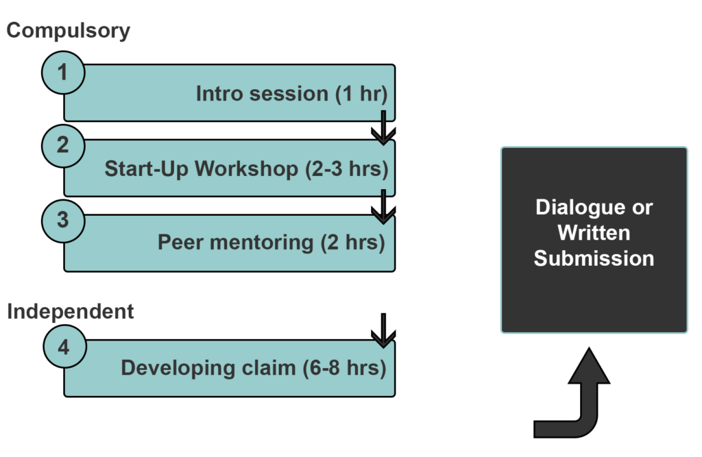 A diagram outlining the stages of the Fellowship process. These are: Intro session, Start-Up, Peer mentoring, Developing the claim, Final submission.