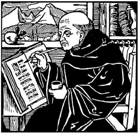 Black and white illustration of monk writing with ink