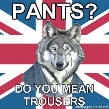 image of wolf wearing glasses and suit in front of union jack and text over image reads ' Pants? Do you mean Trousers.'