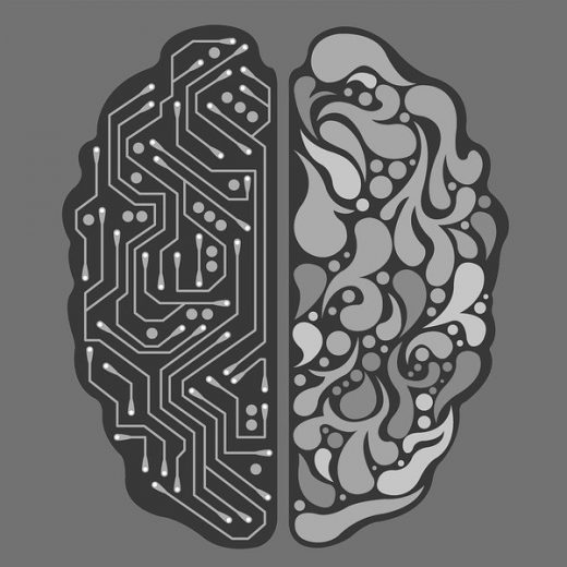 image of simplified brain illustration - one side is swirls and the other looks like a computer motherboard
