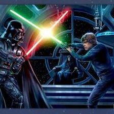 Image of starwars darth vader fighting Luke skywalker with lightsabers