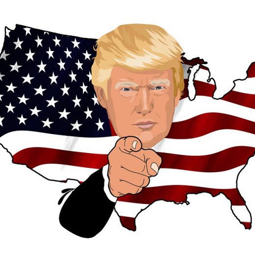 Cartoon image of President Trump pointing at you in from of the an american flag in the shape of the country america.