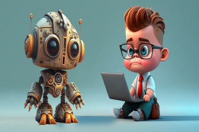 Image of a robot and a boy on a laptop