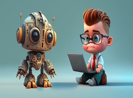 Image of a robot and a boy on a laptop