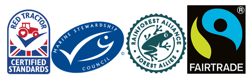 A banner image the width of the text with the following logos left to right. 

A red and blue logo with a red tractor on a check mark made to look like the land, there is the union jack flag underneath the tractor with the text 'red tractor' curving above the image and 'certified standards' underneath

the Marine stewardship council logo looks like a fish on a plate. It is a blue oval with an abstract fish in white, the fish has a check mark making up the tail and top half of it's body. The words 'Marine Stewardship Council' curve around the edge of the oval.

The rainforest alliance logo is a dark green round stamp logo. it has a bumpy outer line with the words' Rainforest Alliance' curving inside the top. There is a simplified treefrog design in the middle that looks as is the frog has just landed and stuck to the logo, it is looking to the right. the text below the frog reads' Forest Allies' 

The fairtrade logo is a black square logo with a circle cut out. the circle is green on the left and blue on the right. There is an abstract diagonal cut through from left to right which is made to look like the arm and body of a person waving. there is a black dot in the blue section that is the persons head. 
underneath the image it reads ' Fairtrade' in white text